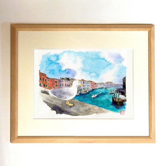 水彩風景画 額装品（ジークレープリント） 『リアルト橋から望むカナル