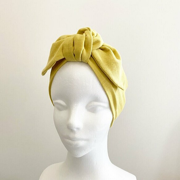 也可以當頭巾使用的圍巾♡多種用途日本製造高品質棉質護頸髮帶素色檸檬黃帶冰袋 第1張的照片