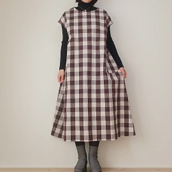 顯瘦寬鬆❣️法式連衣裙（自由/白&amp;棕格紋） 第1張的照片