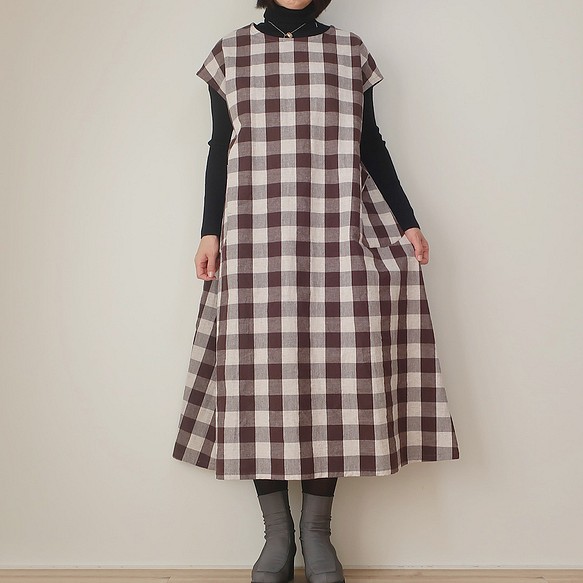 顯瘦寬鬆❣️法式連衣裙（自由/白&amp;棕格紋） 第1張的照片