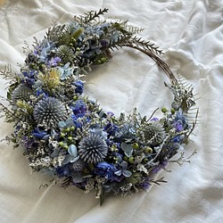 夏のお花瑠璃玉アザミとセルリアの三日月リース○ドライフラワーリース○wreathリース - cuantico.es