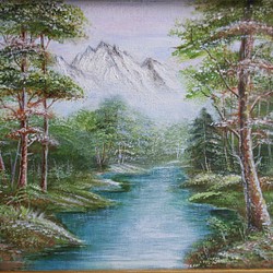 アクリル絵画「Lakeside in spring」原画【手描き／湖畔・桜・春・山・自然・風景・美術・アートインテリア】 絵画 Nobuyuki  Oshima 通販｜Creema(クリーマ) 9384008