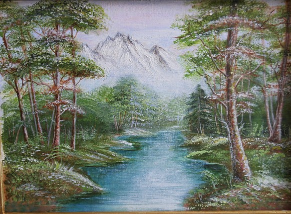 マウンテンリヴァー　静かなる山　フレーム付きハンドペイント木製絵画 1枚目の画像