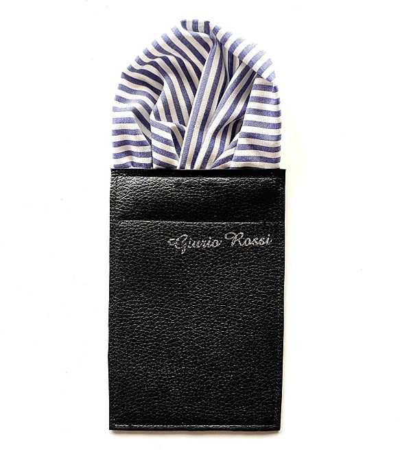 シルクの上質な光沢感！ジュリオロッシ　台紙付きポケットチーフ　ブルーアッシュストライプ　 1枚目の画像
