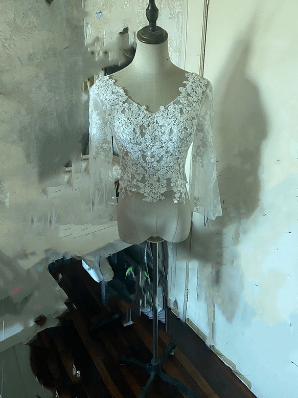 婚紗禮服波萊羅 3D 純色蕾絲刺繡 V 領連衣裙長袖婚禮/招待會 第1張的照片