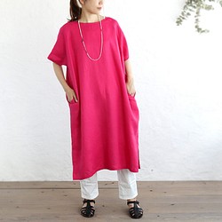 亞麻圓領連衣裙成人寬鬆連衣裙（粉色）OP19 第1張的照片
