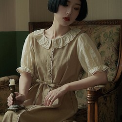カーキ文学レトロな蓮の葉の襟のステッチ ドレス日本の A ラインのゆるいプロファイル ランタン スリーブ ティー ブレーク スカ 1枚目の画像