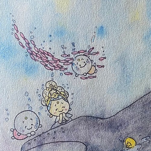 A5イラスト「海のおともだち」ザトウクジラ 海の絵 サンゴ 海の中 仏 