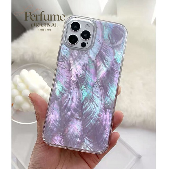 キラキラ天然シェル✨パープル 紫色 貝殻 オリジナル iPhoneケース