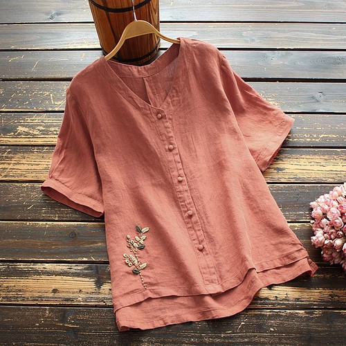夏 綿麻 リネン ブラウス かわいい 大きいサイズ 刺繍 トップス シャツ