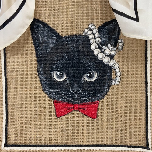 オリジナル 黒 猫 手描き ジュートバッグ ねこ ネコ バッグ 鞄 size S 