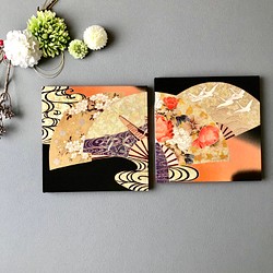 着物のファブリックパネル　輝く扇に花々（２枚セット）　サスティナブル  着物リメイク　インテリア　正月飾り　 1枚目の画像