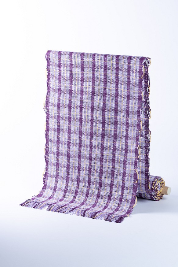 手織り タータン風チェック市松絽兵児帯 紫系《すみれ》 www