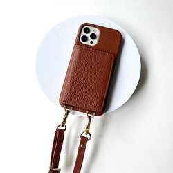 本革  スマホショルダー　 背面収納カード 名前入れ レザー　iphoneケース　スマホケース　キャメル 1枚目の画像