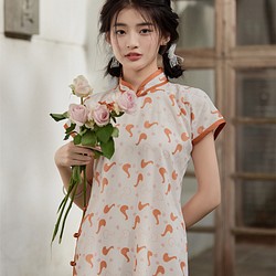 大鵝印花 中長款雪紡古法少女旗袍 新中式中秋春節改良連身裙洋裝 第1張的照片
