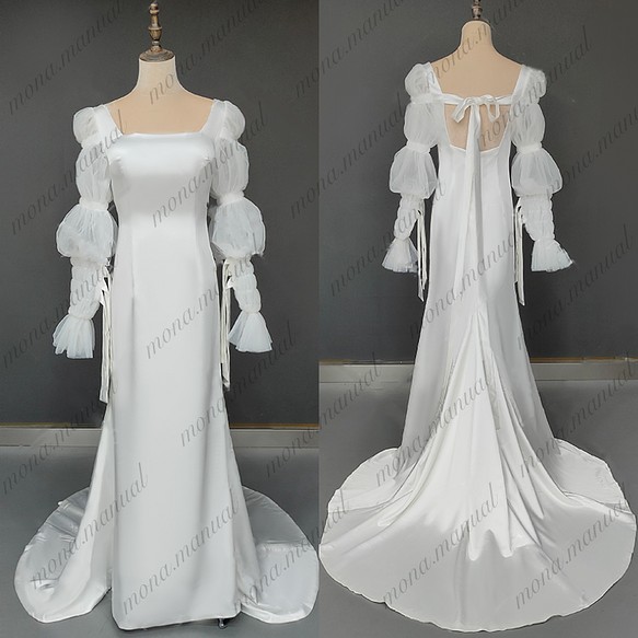 シンプルクラシカル スレンダーライン ウェディングドレス 二次会 結婚式ドレス 505 1枚目の画像