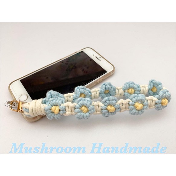 藍色小花 - 小花編織 向日葵 太陽花 Macrame 法式繩結 手機繩 智能手機 掛繩 手機吊飾 第1張的照片