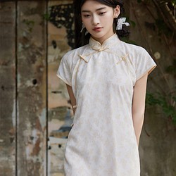米白色 溫婉園襟古法雪紡少女旗袍 新中式中秋春節改良連身裙洋裝 第1張的照片