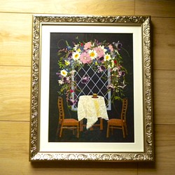 押し花アート　花のカフェテラス（押し花絵） 1枚目の画像