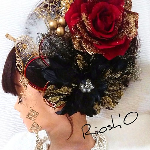 ver薔薇&ダリア 赤×黒 ゴールド系 成人式 髪飾り ❀ 水引 和 クール 簪 