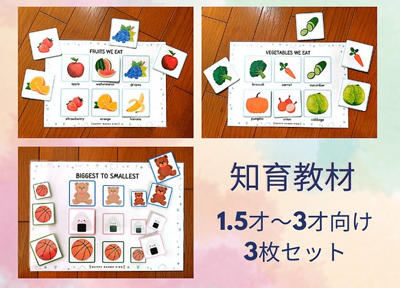 【1.5~3才児対象】果物、野菜、形の大小を理解する知育教材 1枚目の画像