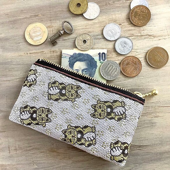 畳縁　幸運貓圖案　硬幣錢包　名片夾　日式　銀 第1張的照片