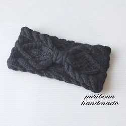 【天然素材・ハーブ草木染め】アラン模様ニットターバン・2weyタイプ・手編み・ブラック 1枚目の画像