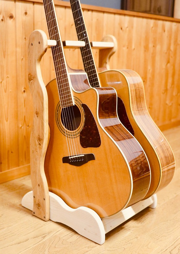 【オーダー品】手作り木工　木製ギタースタンド （ツートーン） ２本掛け