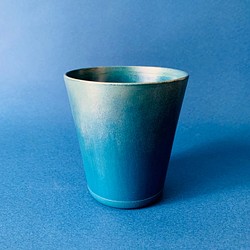 【Blue Moon銀彩カップ】青漆タンブラー（栃）・青拭き漆カップ 錫蒔地仕上げ 漆器 1枚目の画像