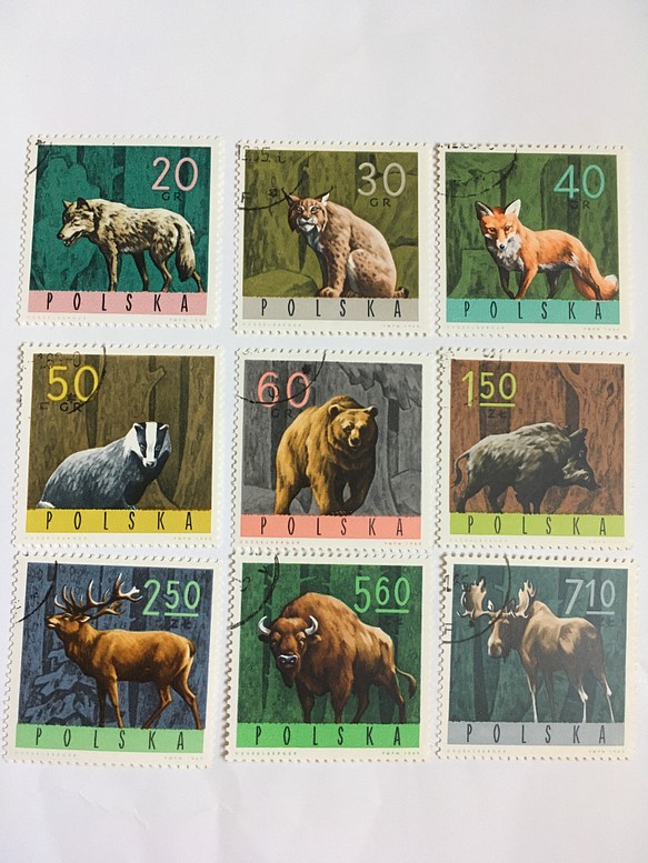 使用済切手 ポーランド 森に棲む野生動物9枚セット その他素材 まめ