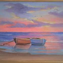 海辺の光景・朝焼けの小舟　ハンドペイントレリーフフレーム付き木製絵画 1枚目の画像
