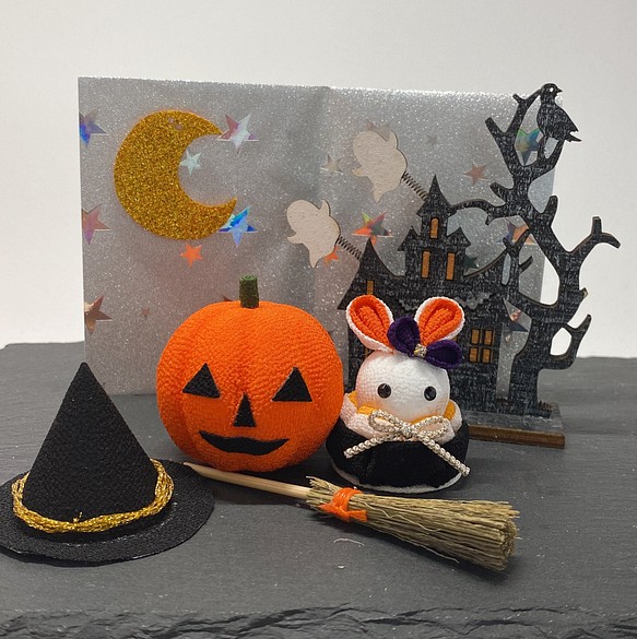 ネコ ハロウィン つまみ細工 ちりめん細工 ハンドメイド 置物 かぼちゃ