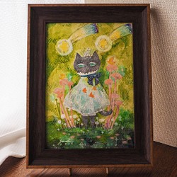 原画『流星森の猫-黒翡翠-』日々を愉しむちいさな絵　額装品 1枚目の画像