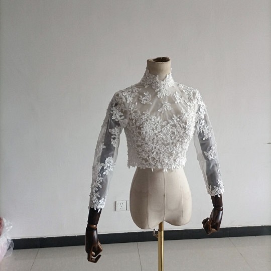 Vハイネックボレロ　トップス 上品透け袖 3D立体レース刺繍 くるみボタン 長袖 1枚目の画像