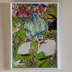 絵画。原画手描き【かわいい猫たちの花畑での楽しいデートの日】-