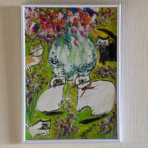 絵画。原画手描き【かわいい猫たちの花畑での楽しいデートの日】-