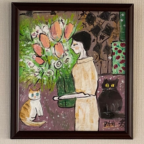 絵画 壁掛け絵【バラの庭で絵を描いている少女と遊んでいるかわいい猫2匹】