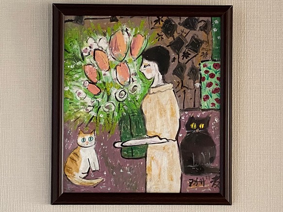 絵画 【部屋の中で花瓶を抱いている美しい少女と遊んでいる猫2匹】-