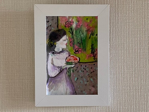 絵画 。壁掛け絵原画手描き【窓辺で花を持って思いを寄せる美しい少女