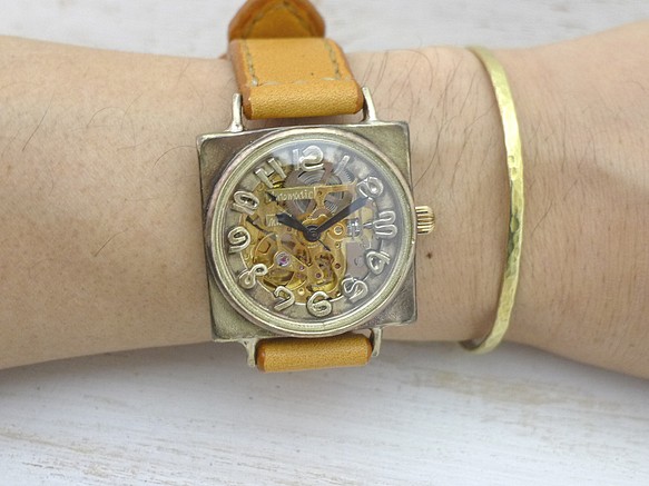BAM027 自動上鍊 Brass 36mm Square Handmade 手錶 [BAM027 GD/CA Hand Sew 第1張的照片