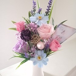 Wedding 白の薔薇のブーケ26㎝ ブートニア付き サムシングブルー