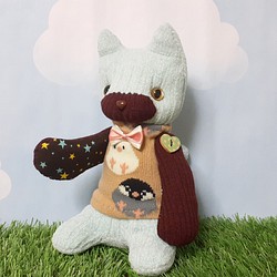 チョコミント色の猫●靴下ぬいぐるみ/ソックドール 1枚目の画像