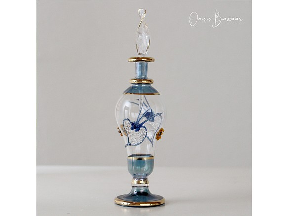 GOLD［Mサイズ］エジプトガラス香水瓶 パフュームボトル アロマオイル ブルー 1枚目の画像
