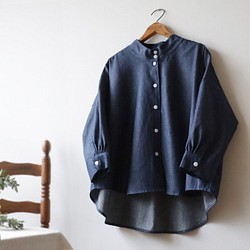 ＊ラスト１　ＳＡＬＥ　幅広立襟スタンドカラー シャツ ジャケット　バンドカラーゆったり 甘織デニム K46 1枚目の画像