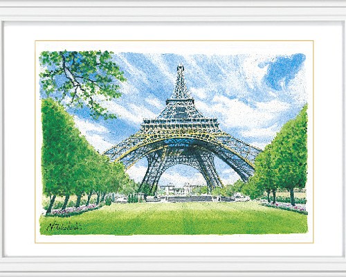 水彩で描く風景画『フランス パリのエッフェル塔』ジグレ版画（額付き