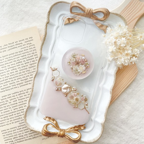 iPhoneケース　スマホケース　Android 全機種　antiqueflower jewelry pink 押し花 1枚目の画像