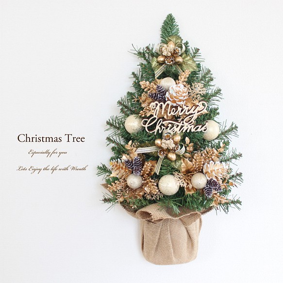 2022年新作 壁に掛けるクリスマスツリー「送料無料」リースタイプのクリスマスツリー ゴールド系　 1枚目の画像