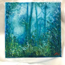 油絵　ミニキャンバス　原画　「青の森」送料無料 1枚目の画像