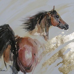 Sirocco 2022.Arabian Horse (水彩画用紙、A4サイズ、墨、水彩、金箔) 1枚目の画像