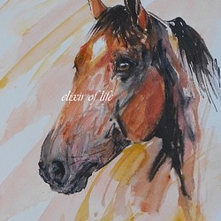 朝日を浴びる馬のポートレート２０２２（水彩画用紙、A4サイズ、墨、水彩） 1枚目の画像